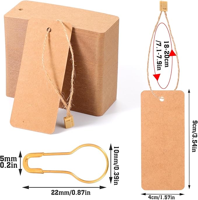 300 Set Price Tags with String Gift Tags with Safety Pins Custom Clothing Tag Brown Paper Hang Tag for Clothes Crafts Display(Brown)