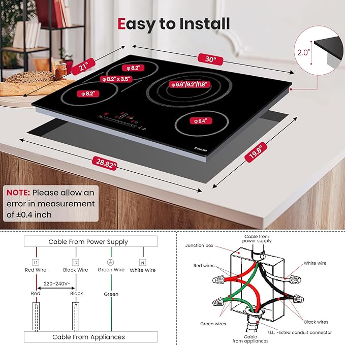 GASLAND Electric Cooktop 30 Inch, 4 Burners Radiant Glass Stove Top, ETL & FCC Certificated, Drop-in Ceramic Cooktop, Slide Touch Control, Child Safety Lock, Hot Surface Indicator, 240V