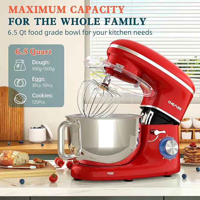 CHeflee Stand Mixer,660W 6+P With 6.5QT Stainless Steel Bowl,Dough Hook, Wire Whip & Beater,for Most Home Cooks (Red)