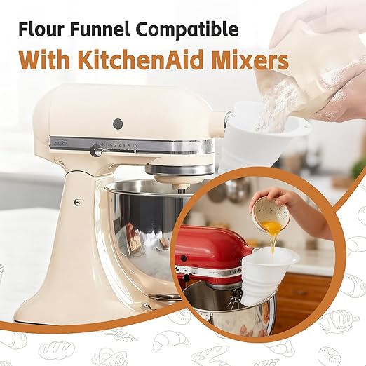 Flour Funnel for Kitchen Aid Mixer - Stand Mixer Attachment Accessory Compatible with (KSM150) 4.5-5 Qt Tilt-Head Mixers,Easy Pour Anti-Splash Baking Tool,for Egg Liquid and Both Flour -White