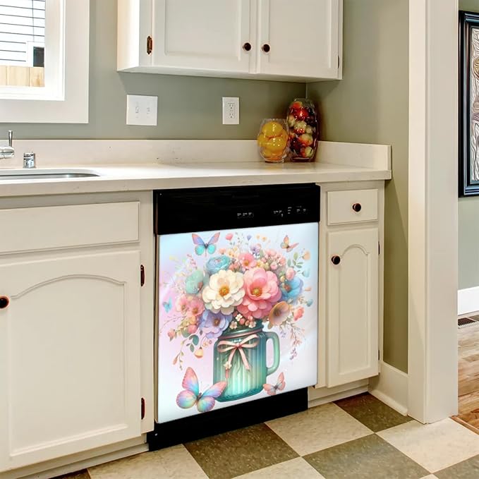 Flower Butterfly Dishwasher Magnet Cover for The Front Dishwasher Door Cover Panel Decals Magnetic Refrigerator Cover for Kitchen Farmhouse Home Decor 23 X 26 in