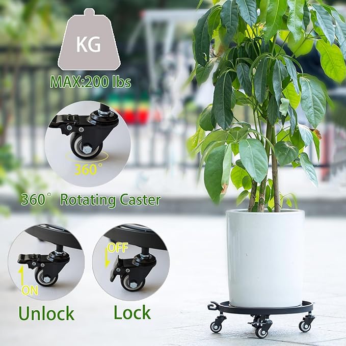 12 Inch Plant Dolly with Wheels - Heavy Duty Steel Rolling Planter Base, Patent Detachable Handle for 360° Swivel & Easy Indoor/Outdoor Movement of Pots, Caddies, and Large Planters