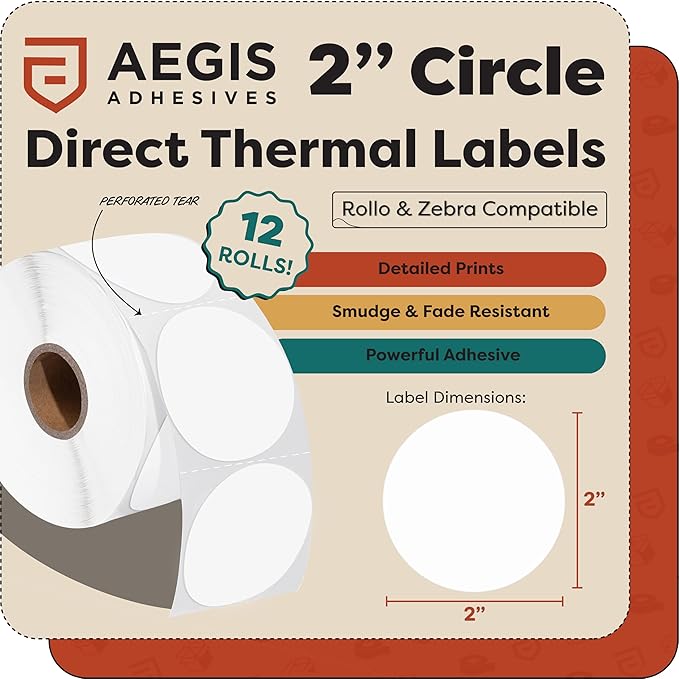 Aegis Adhesives - 2" Circle Stickers (12 Rolls, 750 Labels/Roll) Direct Thermal Labels Compatible with Rollo, Zebra, MUNBYN, and Other Desktop Printers