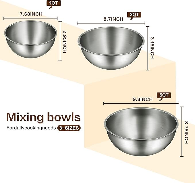 3-Piece Stainless Steel Mixing Bowls Set, 2.4, 3.2 & 4.9 Qt with Measurement Marks, Food Grade 304, Dishwasher Safe & Stackable for Baking, Tossing Salads, and Meal Prep for Your Kitchen