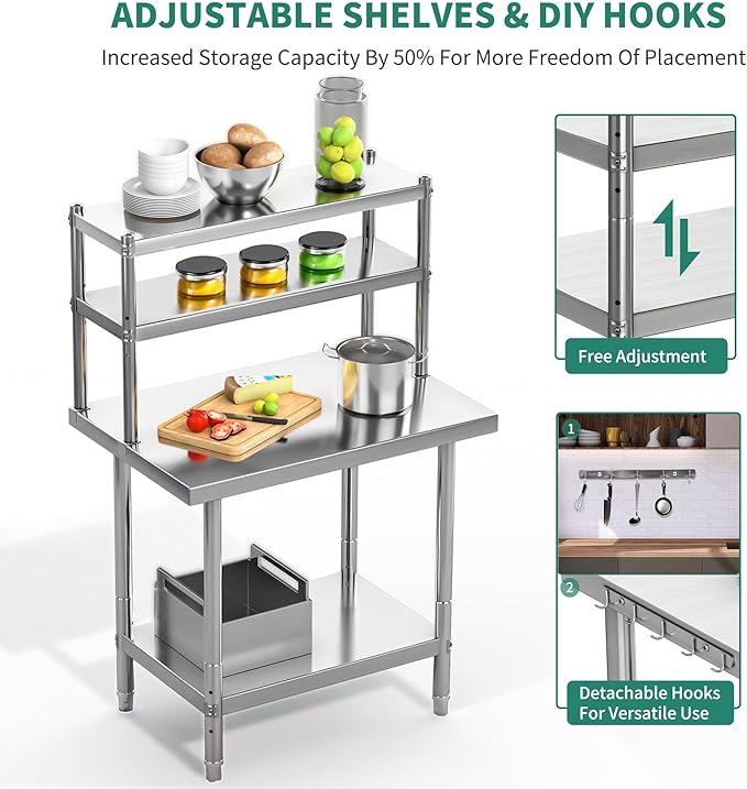 YITAHOME NSF Stainless Steel Work Table With Overshelves, 30" X 24" With 30" X 12" Shelf, Metal Prep Table for Home Kitchen Restaurant Garage Warehouse
