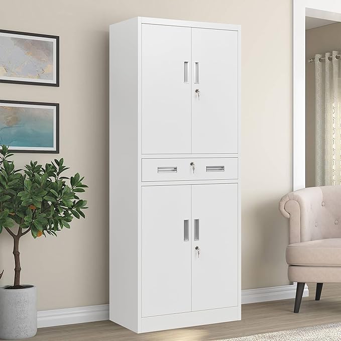 CJF Metal Storage Cabinet with Drawer and Adjustable Shelves, 71" H Locking Storage Cabinet for Pantry Kitchen, Home, Office, Garage, Living Dining Room (White)