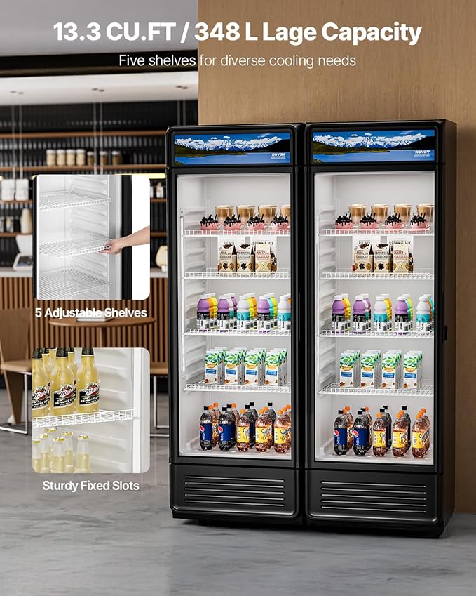 VEVOR Commercial Merchandiser Refrigerator, 13.3 CU.FT Glass Door Display Refrigerator, Beverage Cooler Merchandiser with Adjustable Shelves, Soft LED Light, Customizable Lightbox, Black
