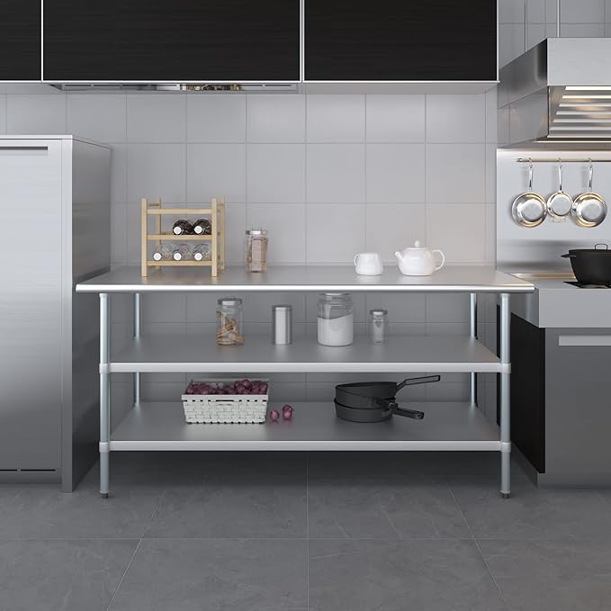 AmGood Stainless Steel Work Table with 2 Shelves | NSF | Metal Utility Table (72" Long x 30" Deep)