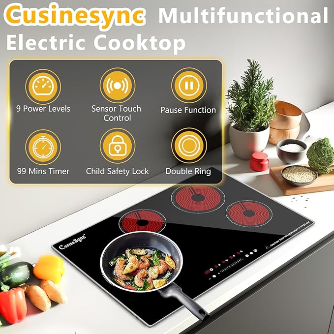 30 Inch Built-In Radiant Electric Cooktop, 4 Burner Smoothtop Stove Top with Expandable Dual Zone, 7200W 240V Hardwired Touch Control, 9 Power Levels, Timer, Child Lock & Hot Surface Indicator