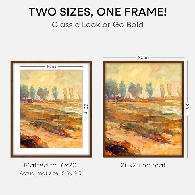 Homeforia 20x24 Picture Frame Brown, High End Dark Oak 20x24 Walnut Wooden Poster Frames with Mat 16x20, 20 x 24 Wood Frame Matted to 16 by 20, 24x20 Hanging Frames, Tempered Glass, Wall Kit, Set of 2