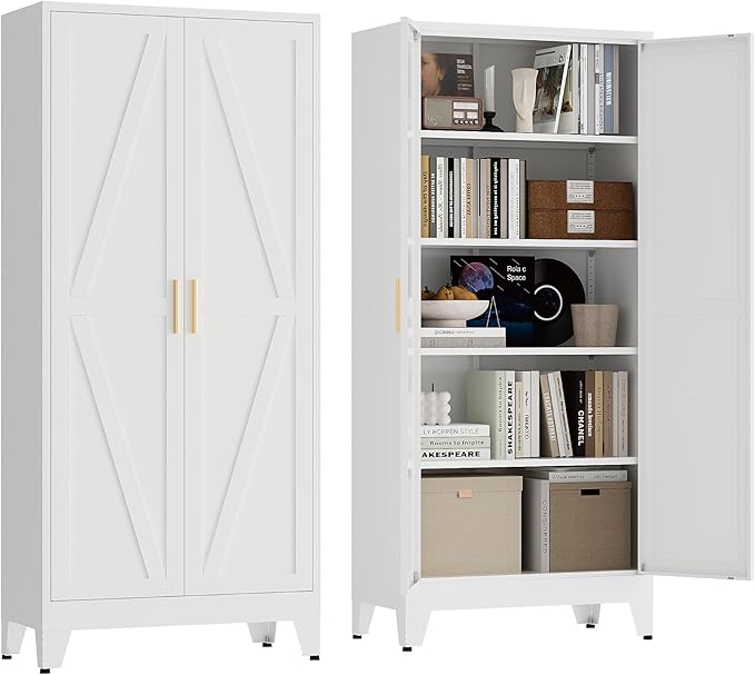 71" Tall Pantry Cabinet, White Metal Pantry Storage Cabinet, Kitchen Pantry Storage Cabinets with 2 Door and 4 Adjustable Shelves (White, 71" H)