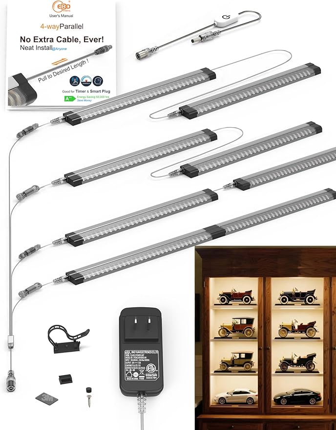 EBD LED Under Shelf Lighting 4-Way 1.2m Splitter Parallel Cabinet Lighting Built-in Adjustable Cable Counter Light Bar 8 Panels Bookcase Lighting Energy 3600Lm 6500K Display Lights for Shelves Closet