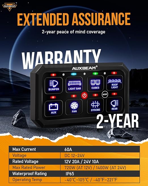 Auxbeam 8 Gang Switch Panel RB80 XL 5.3 Inch RGB Switch Pod Toggle Momentary Pulsed 12-24V Led Switch Panel Auxiliary Circuit Control Relay System for Truck Car Offroad UTV Waterproof 2 Years Warranty