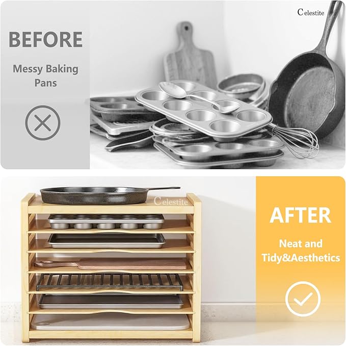 celestite Wooden Tray Dividers for Cabinets, Cookie Sheet Organizer for Cabinet, Baking Sheet Pan Organizer for Kitchen Organizers and Storage (7 Tier 20" Wx16.7 Hx15.2 D)