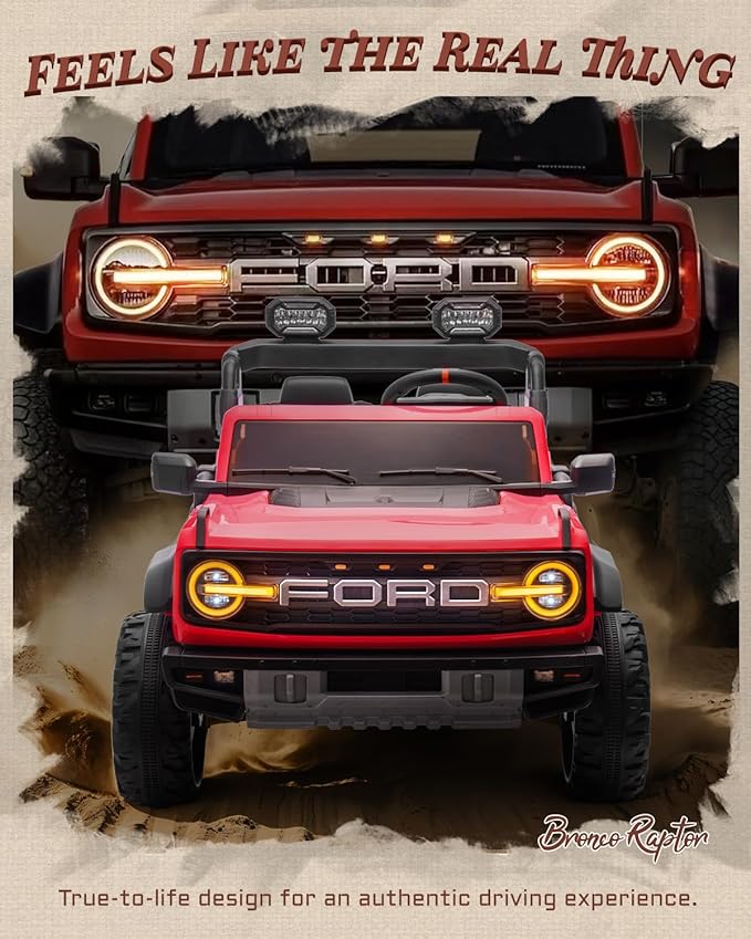 First Ride On Ford Bronco 24V Ride on Toys for Boys & Girls, 2 Seater Kids Electric Car with Remote Control, Kids Ride on Truck with 4 Wheels Suspension, Led Lights, Safety Belt (24V, Red)