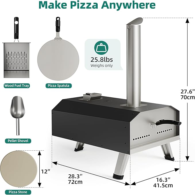 YITAHOME 12" Pizza Oven Outdoor, Wood Pellet Pizza Ovens with Rotating and Built-in Thermometer, Outside Pizza Stove with Peel, Stone and Recipes for Backyard Party Christmas Gifts