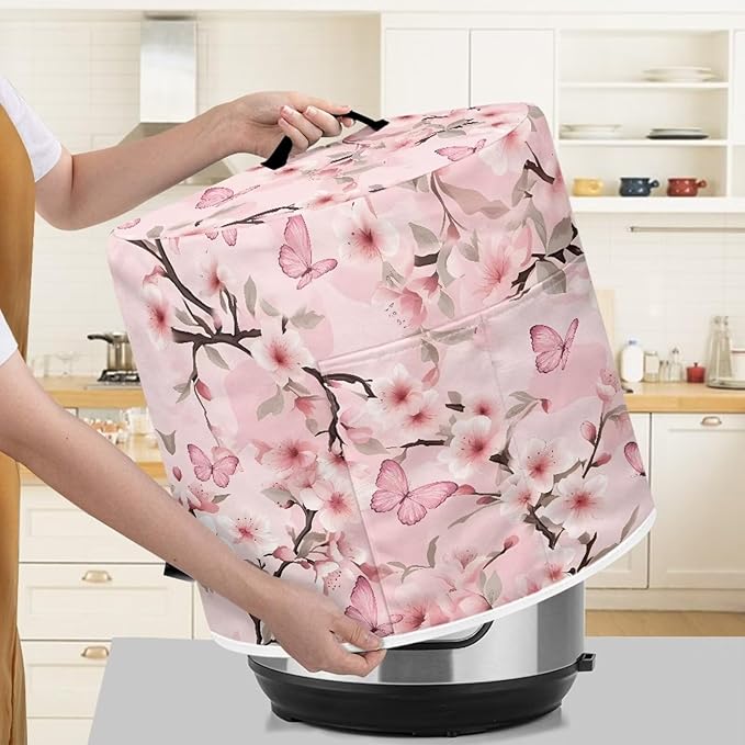 Pink Flower Dust Cover with Pocket for Instant Pot, Rice Cooker and Air Fryer - Round Pressure Dust-Proof Stain Resistant Electric Appliance Cover Easy to Clean