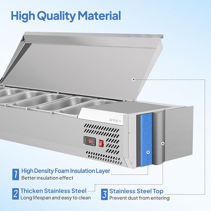 ROVSUN Refrigerated Condiment Prep Station, 59" Sandwich Prep Table ETL NSF, 34.2QT Salad Bar Prep Rail w/Auto Defrost, Temp Control, Stainless Steel Cover & 6 * 1/3 Pan for Restaurant Food Truck