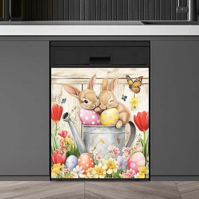 Easter Bunnies Dishwasher Magnet Cover,Pastoral Flowers Butterfly Magnetic Dishwasher Cover Vinyl Sticker,Eggs Fridge Door Cover Magnets Art Skin Panel Decal,Home Decor Decal,23"X26"