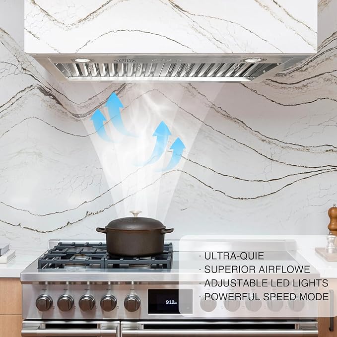 SINDA 30 Inch Built-In/Insert Range Hood, 4-Speed 610 CFM, Stainless Steel Under Cabinet Range Hood Kitchen Vent Hood with Liner and Internal Motor, 6" Duct, Adjustable Lights, Baffle Filter
