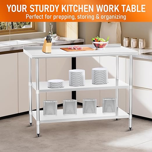 Stainless Steel Table 24" x 60" with 2 Adjustable Undershelves and Backsplash, Commercial Metal Workstations for Kitchen, Garage, Outdoor BBQ