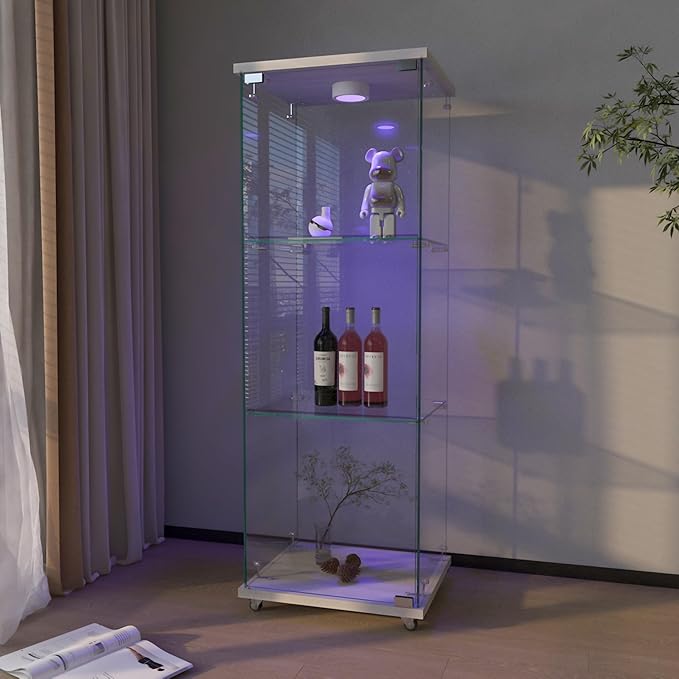 Yoluckea 3-Shelf Glass Display Cabinet with LED Lights, 1-Door Floor Standing Curio Cabinet with Universal Wheel for Home or Office, White Glass Bookshelf for Collections, Decor, and Corner Display