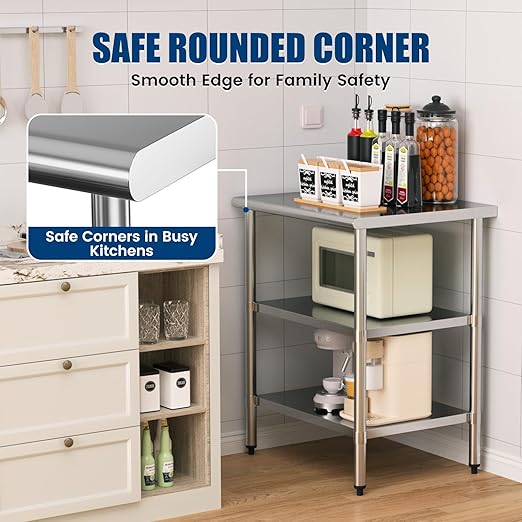 Stainless Steel Work Table 24 x 30 Inch with 2 Adjustable Undershelves, Heavy-Duty Metal Prep Table for Commercial Kitchen & Restaurant, Garage, Outdoor