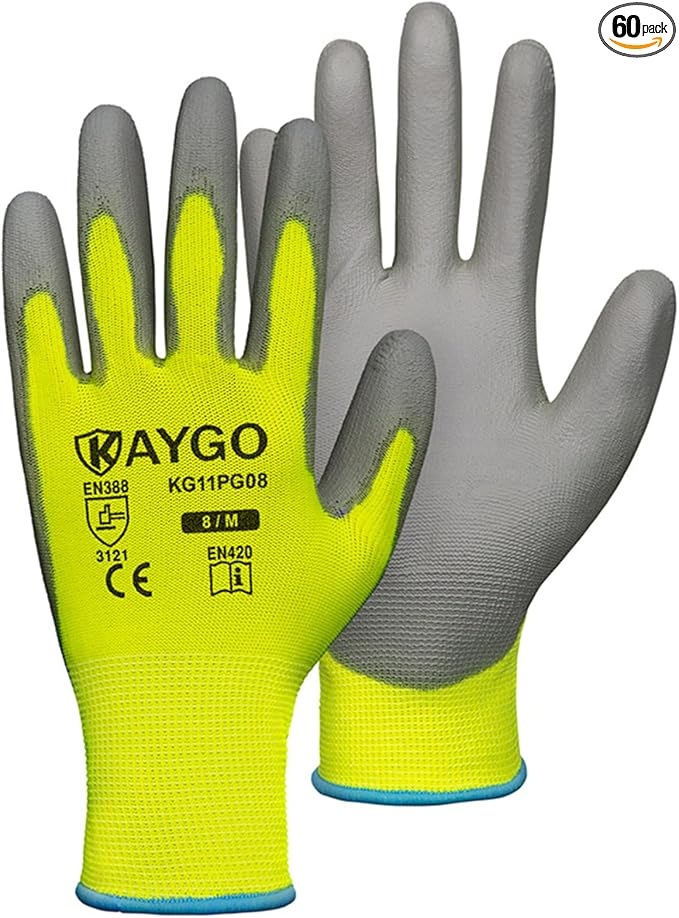 KAYGO Safety Work Gloves for Men and Women PU Coated, 60 Pairs Seamless Knit Glove with Thin Polyurethane Coated Smooth Grip on Palm&Fingers, Ideal for General Light Duty Work, KG11PB Green,M