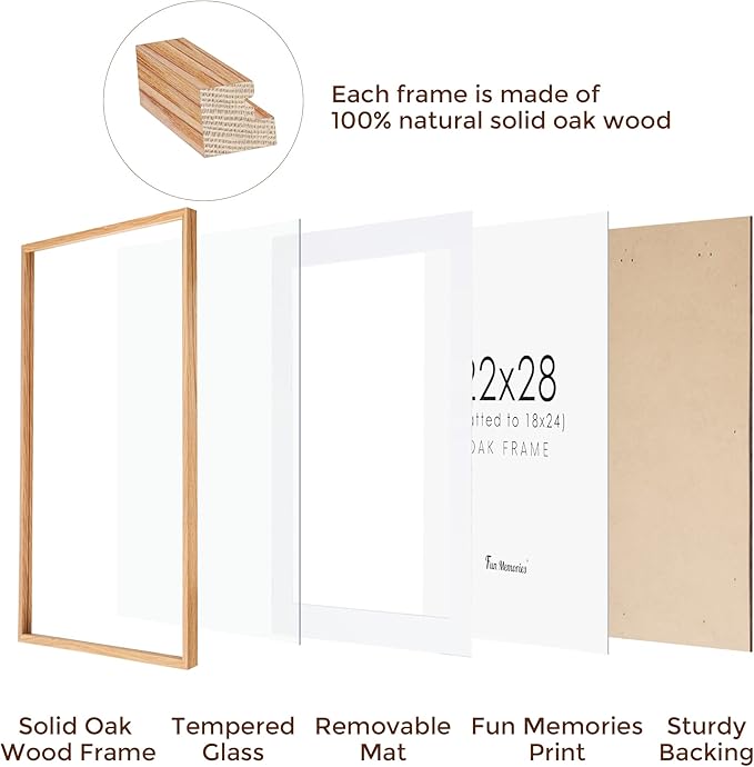 Fun Memories 22x28 Picture Frame, Natural Oak Wood 22 x 28 Poster Frames, Set of 2, 22x28 Frame Matted to 18x24, 22 by 28 Picture Frames with Tempered Glass, Oak Color