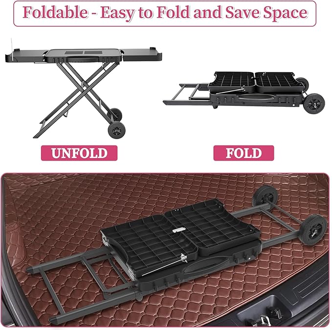 Portable Grill Cart for Ninja Woodfire OG700 OG800 OG900, Blackstone Griddle, for Weber Q100 Q200 Q300, Pizza Oven, Collapsible Grill Stand for Most Portable Grills, Large Surface Grill Trolley