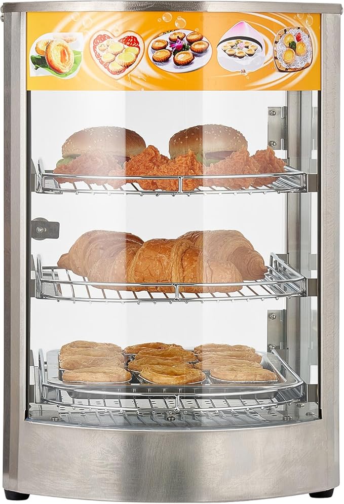 VEVOR 3-Tier Commercial Food Warmer Display, 800W Food Display Warmer with LED Light, Adjustable Shelf and Stainless Steel Frame, 86℉~185℉ Air Heating, 60L for Hamburger, Pizza, Bread, Fried Chicken