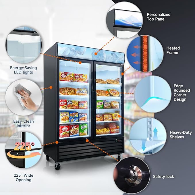44.8 Cu.Ft Double Door Commercial Upright Display Freezer Merchandiser —Glass Doors With ETL Certified, -8 to -1℉,Auto Defrost, Heated Door Frame, LED Lighting, for Cafes, Restaurants, Stores.