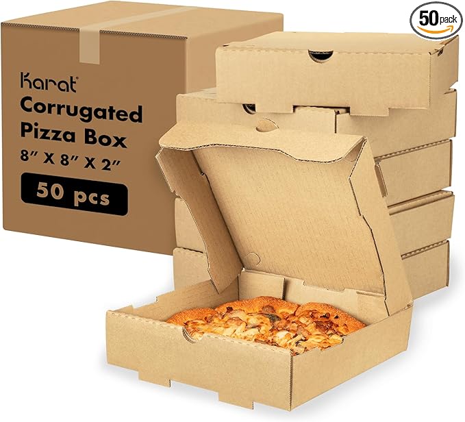 Karat Pizza Boxes 8" x 8" [50 Pack] Kraft Corrugated Boxes | Ventilated, Grease-Resistant, Durable for Pizza or Mailing Use