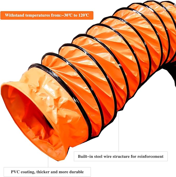 8"×25FT PVC Flexible Duct Hose, Flame Retardant HVAC Ducting with Adjustable Rope, D Hook & Steel Support for Ventilation, Exhaust, Drying, and Cooling Applications