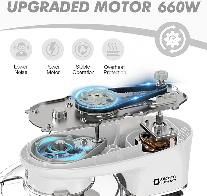 Kitchen in the box Stand Mixer, 6.5QT 660W Kitchen Electric Mixer, 6-Speed Tilt-Head Food Mixer with Dough Hook, Wire Whip and Beater (White)