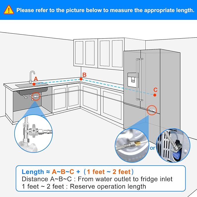 Fridge Water Line Kit - 30FT Premium Stainless Steel Braided Refrigerator Water Line with Tee Stop Valve,Foodgrade PEX Inner Tube Ice Maker Water Line with 1/4" Fittings for Refrigerator Ice Maker