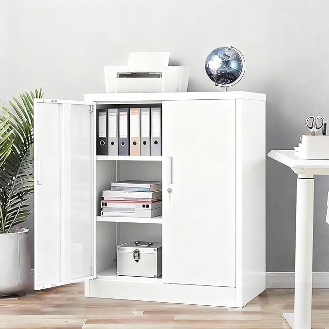 BESFUR Metal Storage Cabinets, Steel Locking Cabinet with 2 Shelves and Doors, White Garage Cabinet for Home Office, School, Garage, Utility Room, and Basement