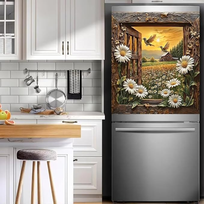 Daisy Floral Farmhouse Scene Magnetic Dishwasher Cover Vinyl Sticker,Vintage Wooden Dishwasher Magnet Cover, Hummingbirds Fridge Door Cover Magnets Art Skin Panel Decal for Home Decor, 23"X26"