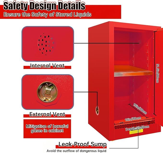 Flammable Storage Cabinet 30 Gallon Red, Galvanized Steel Professional Flammable Liquid Storage Cabinet, 3-Point Locking System & Adjustable Shelf for Manufacturing Plants, Lab & Home Garage