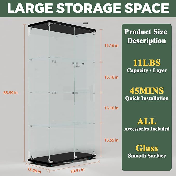 Glass Display Cabinet with LED Light Strip, 4 Shelves with 2 Doors, Curio Storage Cabinets with Lock & Caster for Living Room, Office, Floor Standing Glass Bookshelf, Quick Installation - Black