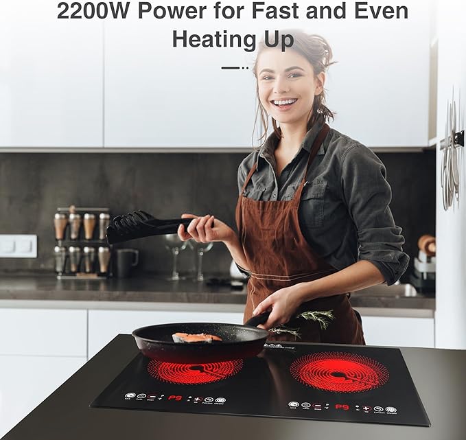 VBGK Electric cooktop,110V 24 inch 2 Burner Electric Cooktop,Built-in and Countertop Stove Top,2200W Stove,9 Power Levels, Kids Lock & Timer,LED touch control,Overheat Protection