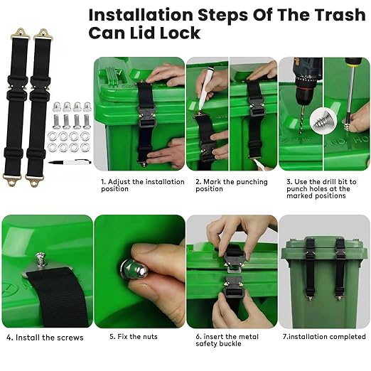 2 Pcs Bear Proof Trash Can Locks, Heavy - Duty Trash Bin Lock, Trash Can Locks for Animals, Trash Can Lid Lock, Secure Lid Lock for Outdoor Indoor Trash Cans to Keep Raccoons Bears Strays Out