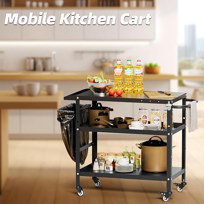 Xilingol Outdoor Grill Cart, Pizza Oven Stand Table with Wheels for Outside Patio, Heavy Duty Movable Outdoor Cooking Prep Table BBQ Cart for Backyard, Camping and Parties