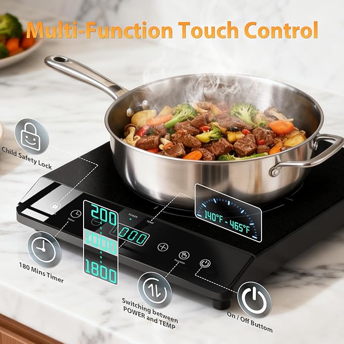Single Burner Induction Cooktop, ETL-Certified 1800W Portable Induction Cooktop Large 8 inch Heating Coil, 12 Temp Settings up to 465℉ Electric Stove Hot Plate with 3 Hour Timer, Safety Lock