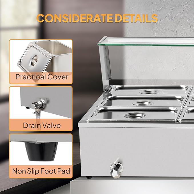 ROVSUN 96QT 1500W Electric Commercial Food Warmer, 12-Pan Steam Table 8QT/Pan Stainless Steel Bain Marie Countertop w/Glass Shield Temperature Control & Lid for Buffet Restaurant 110V