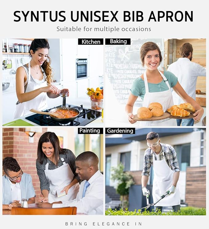 Syntus 12 Pack Bib Apron, Unisex Aprons Adjustable Waterdrop Resistant with 2 Pockets Cooking Kitchen Apron for Chef, BBQ Drawing Apron Bulk, White