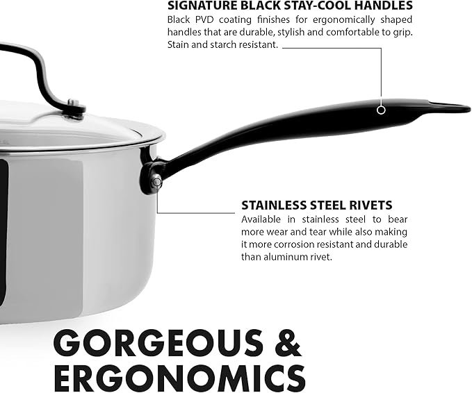 GrandTies Full-Clad Tri-Ply Stainless Steel Sauce pan Induction Cookware – 3 QT Stainless Steel Pot, Marquina Black Metal Handles Kitchen Cooking Pot with Lid, Dishwasher Safe Pots and Pans