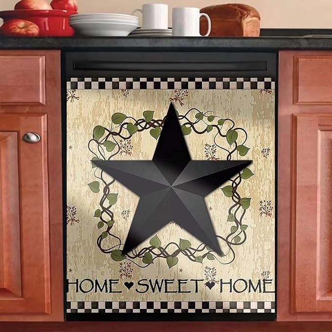 Black Prim Barn Star and Wreath Dishwasher Cover Decorative Magnet Dishwasher Covers for The Front Dishwasher Door Magnet Cover Sticker for Dishwasher Magnetic Dishwasher Cover Panel Decals Kitchen