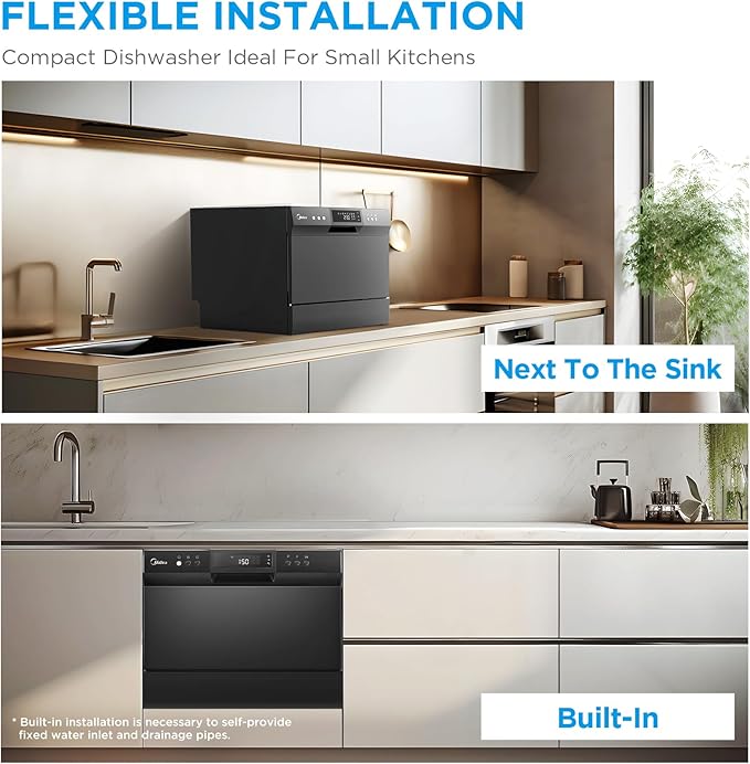 Midea MDC22P1ABB Table-top Countertop, Energy Star Portable Dishwasher, 6 Place Settings & 8 Washing Programs, Speed, Baby-Care, ECO& Glass, Dish Washer for Dorm, RV& Apartment, Black