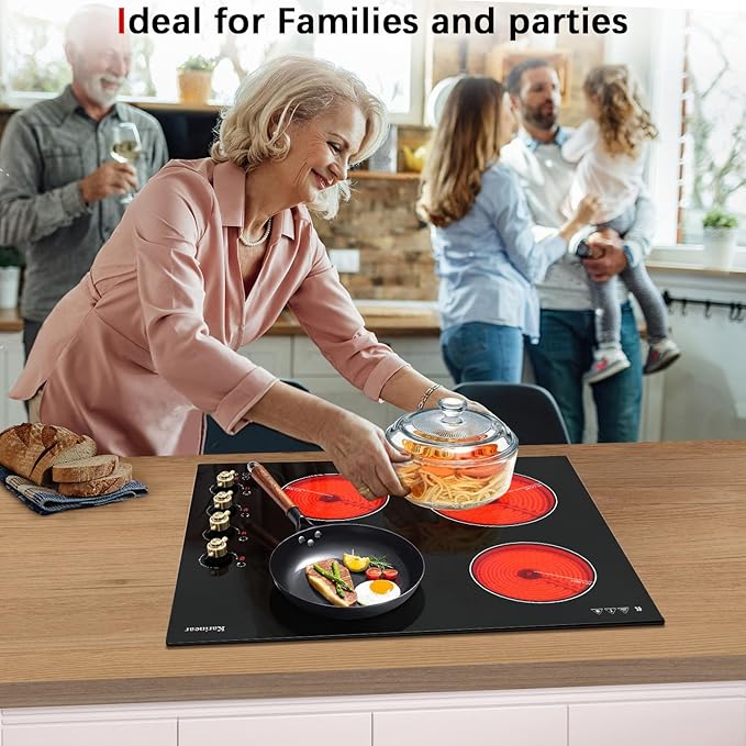 Karinear Electric Cooktop 24 Inch, 4 Burners Electric Stove Top, Built-in Radiant Cooktop Knob Control, Safety Lock, Timer, Pause, 6000W 220~240V Hard Wired(No Plug)